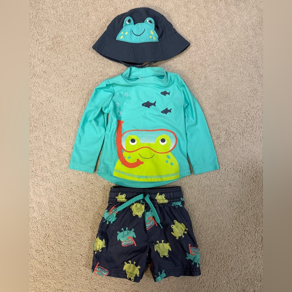 Simple Joys by Carter’s Baby Boys Frog Rash Guard Swim Set w/ Hat 12M 3PC